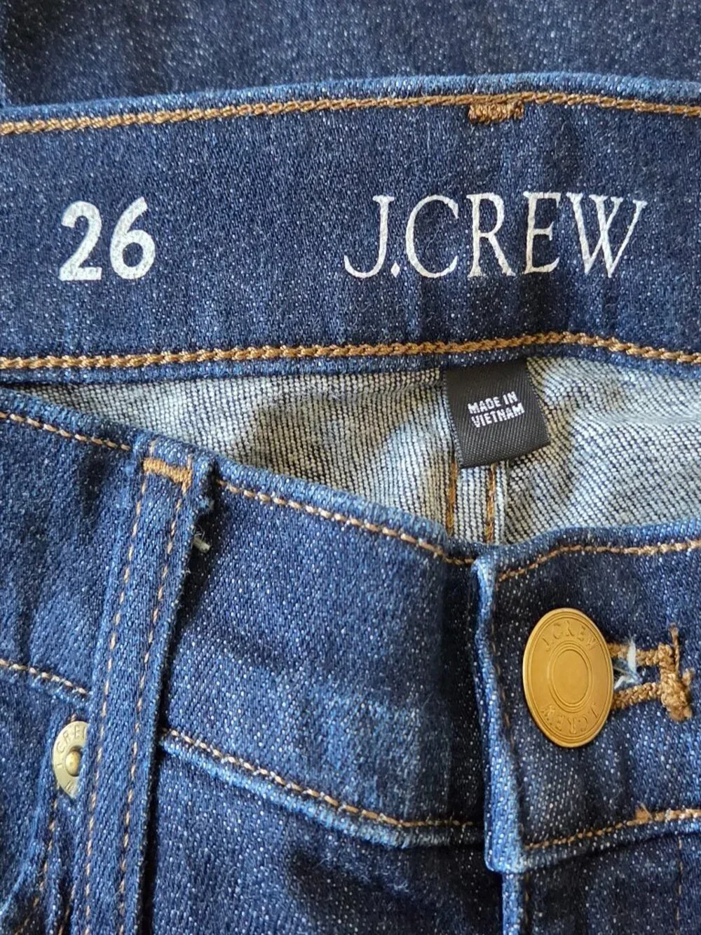 J. Crew 9” Demi-Boot Crop Jeans Women’s 26, Dark wash with frayed raw hem.